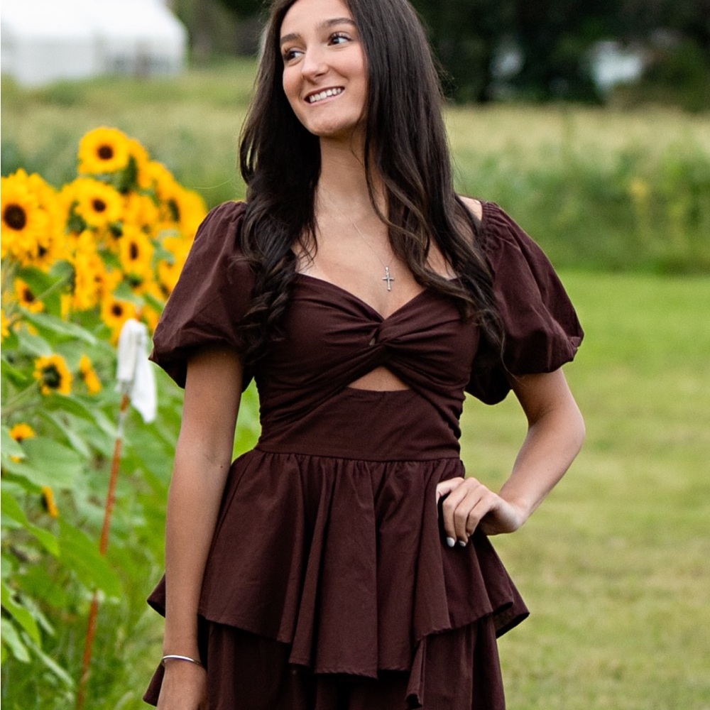 Altar'd State Chocolate Off-Shoulder Mini Dress